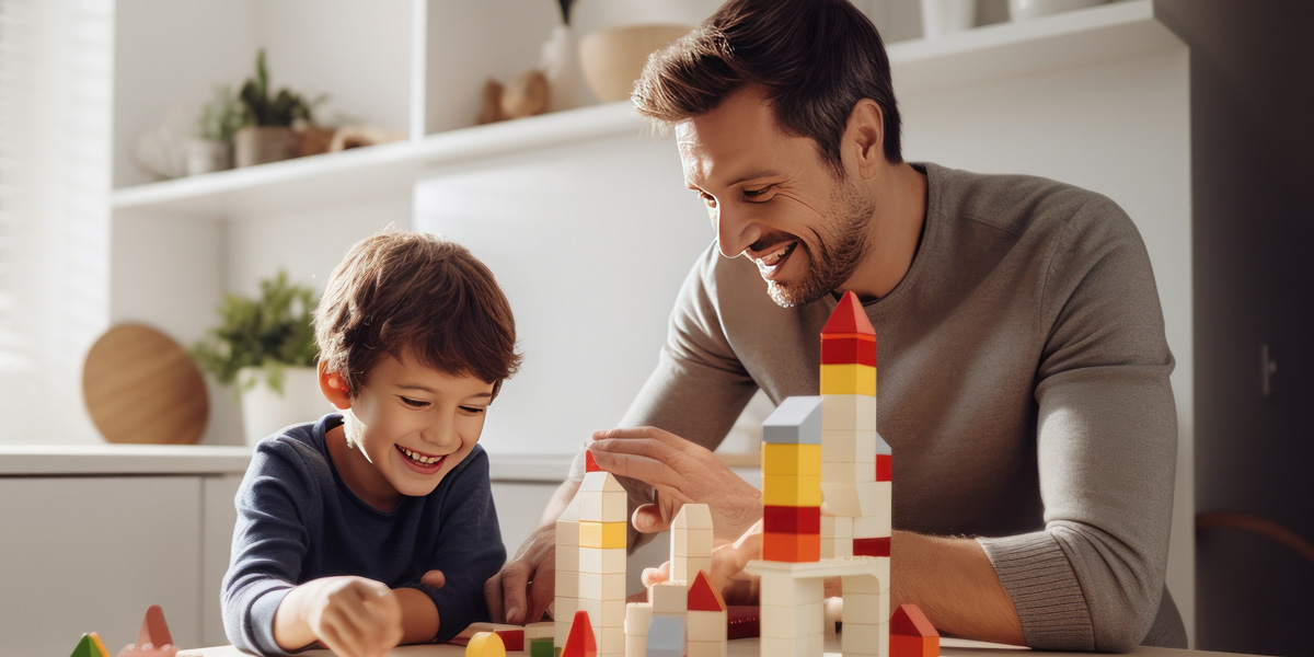 Father and son playing with blocks