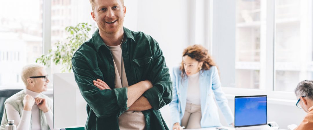 Business man with three employees