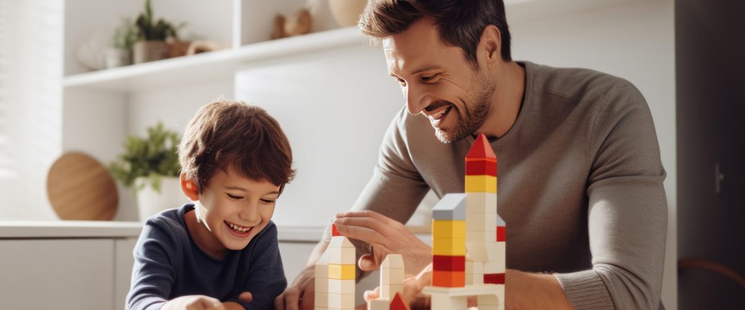 Father and son playing with blocks